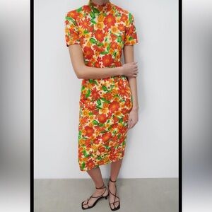 Zara Jacquard Floral Mock Neck Short-sleeve Dress Size Small